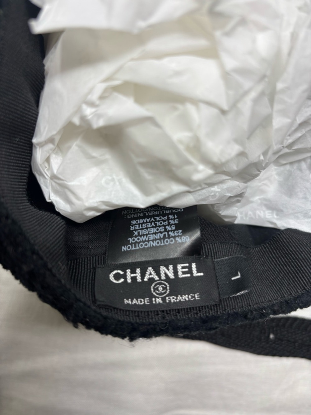 CHANEL Black Tweed Logo News/Baker Boy Style: lightly Worn with Box: rare large - Picture 3 of 4
